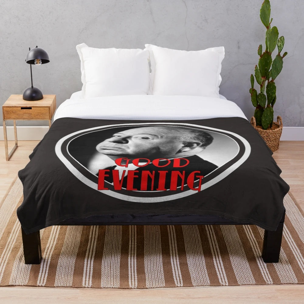 Plush blanket with vintage Alfred Hitchcock movie print