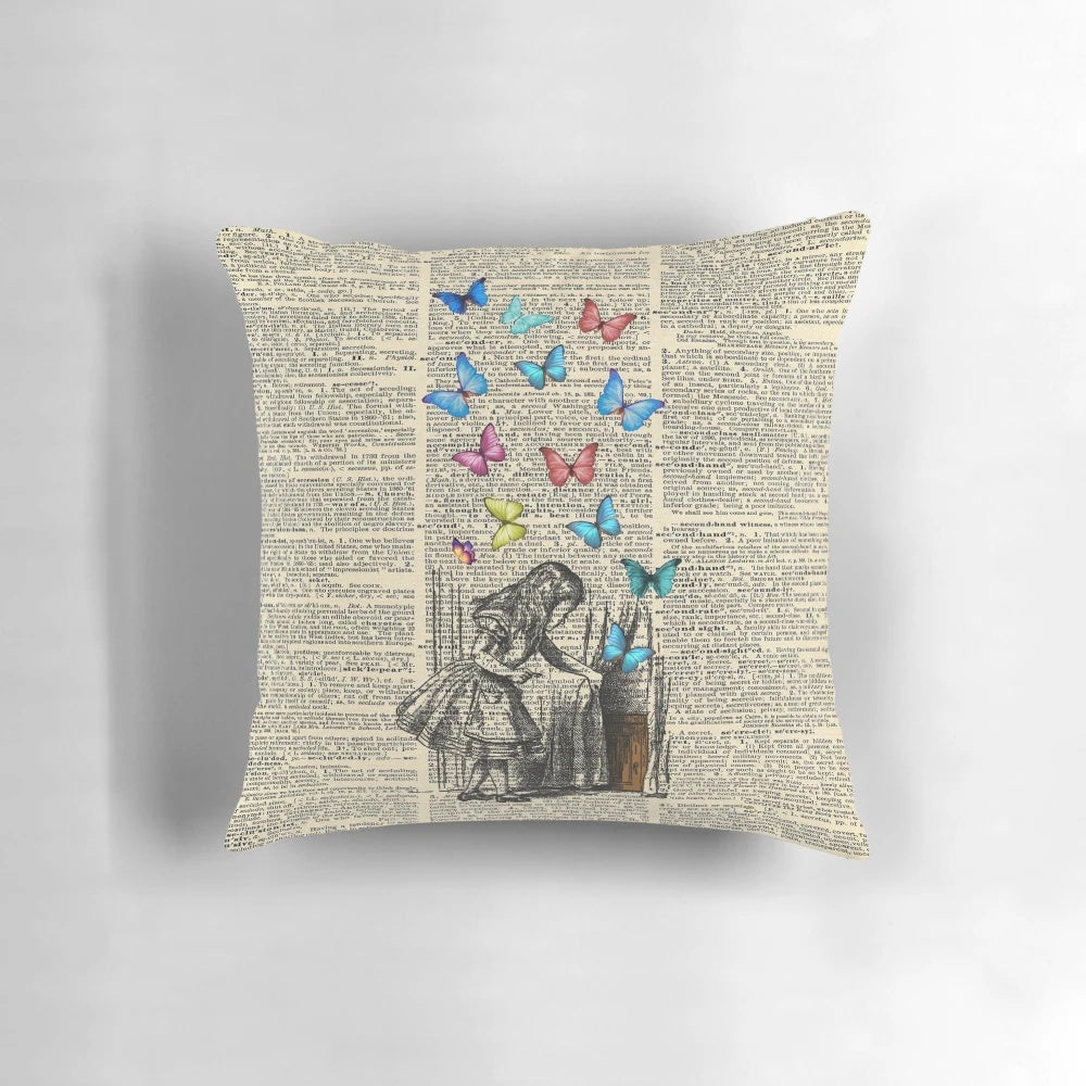 Vintage-style Alice in Wonderland inspired decorative pillow featuring inspirational quote