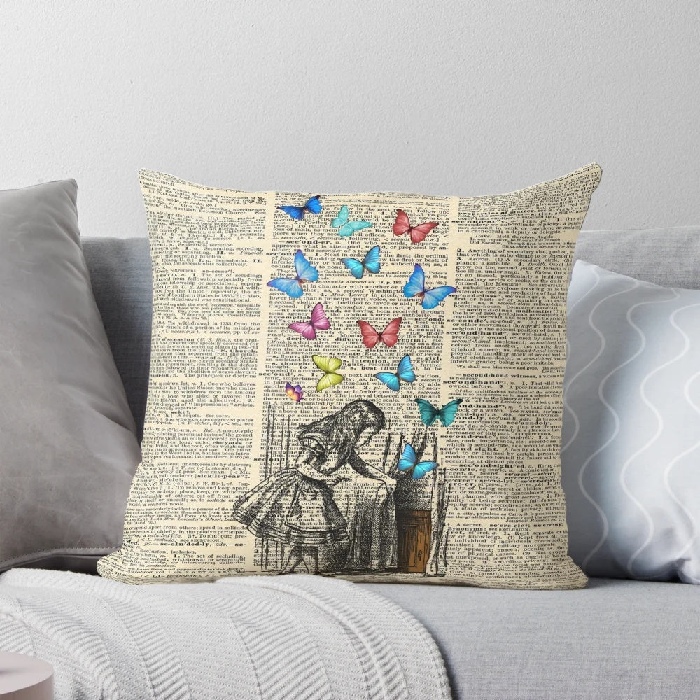 Vintage-style Alice in Wonderland inspired decorative pillow featuring inspirational quote