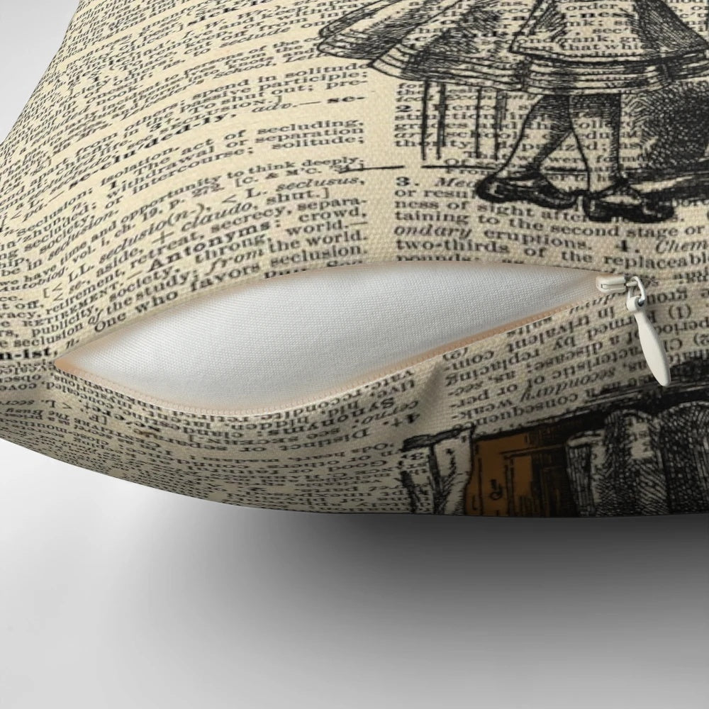 Vintage-style Alice in Wonderland inspired decorative pillow featuring inspirational quote