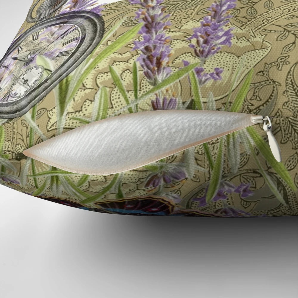 Vintage Alice in Wonderland themed tea party pillow featuring the Mad Hatter, a nod to the classic Lewis Carroll tale.