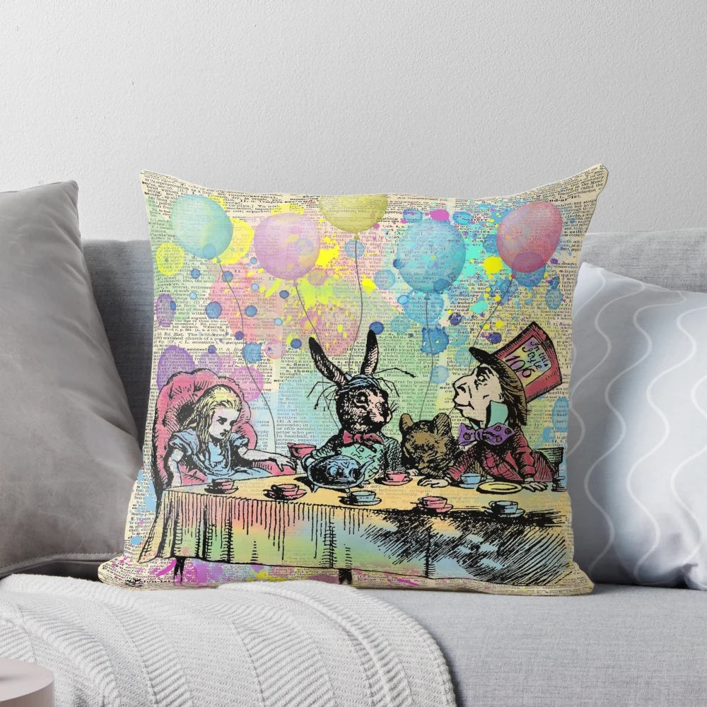 Vintage-inspired Alice in Wonderland-themed throw pillow featuring a tea party scene and inspirational quotes