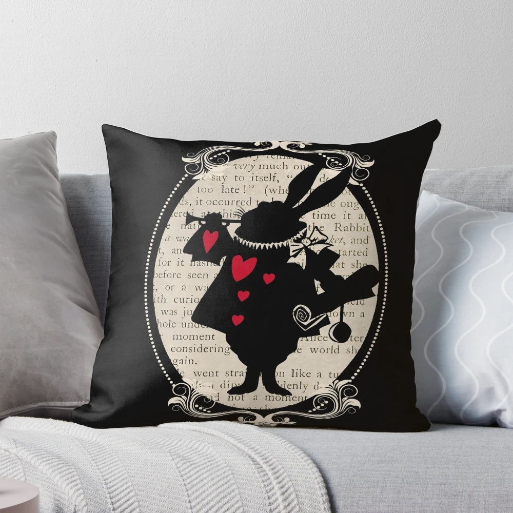 Vintage-inspired Alice in Wonderland white rabbit throw pillow featuring a classic book quote and nature-themed design.