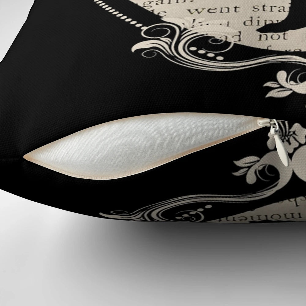Vintage-inspired Alice in Wonderland white rabbit throw pillow featuring a classic book quote and nature-themed design.