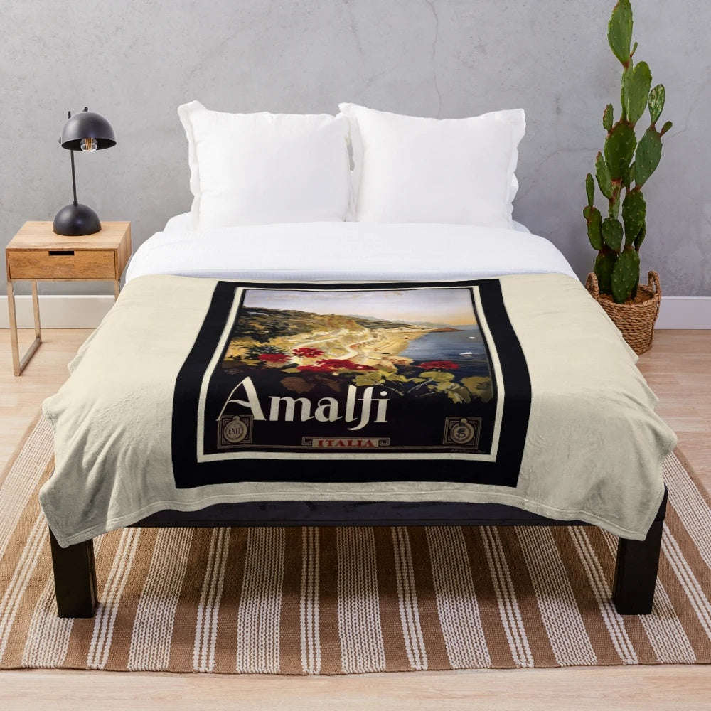 Vintage Amalfi travel-inspired plush blanket with retro Italian design