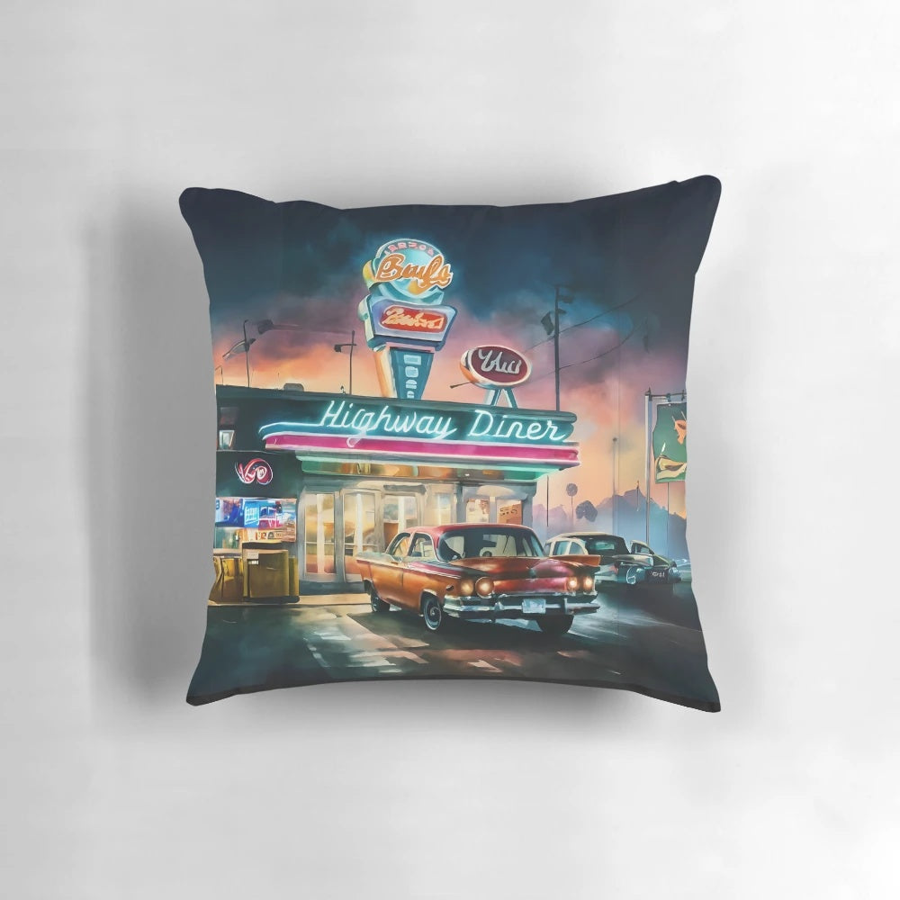 Vintage-inspired American diner-style decorative throw pillow with a retro, old-fashioned design.