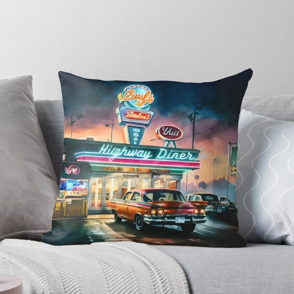 Vintage-inspired American diner-style decorative throw pillow with a retro, old-fashioned design.