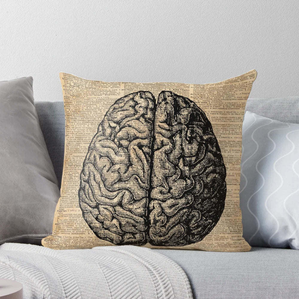 Vintage human anatomy brain illustration dictionary book page art printed on a pillow