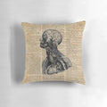 Vintage medical anatomy illustration printed on a comfortable throw pillow, featuring the brain, muscles, heart, lungs, and skeleton.