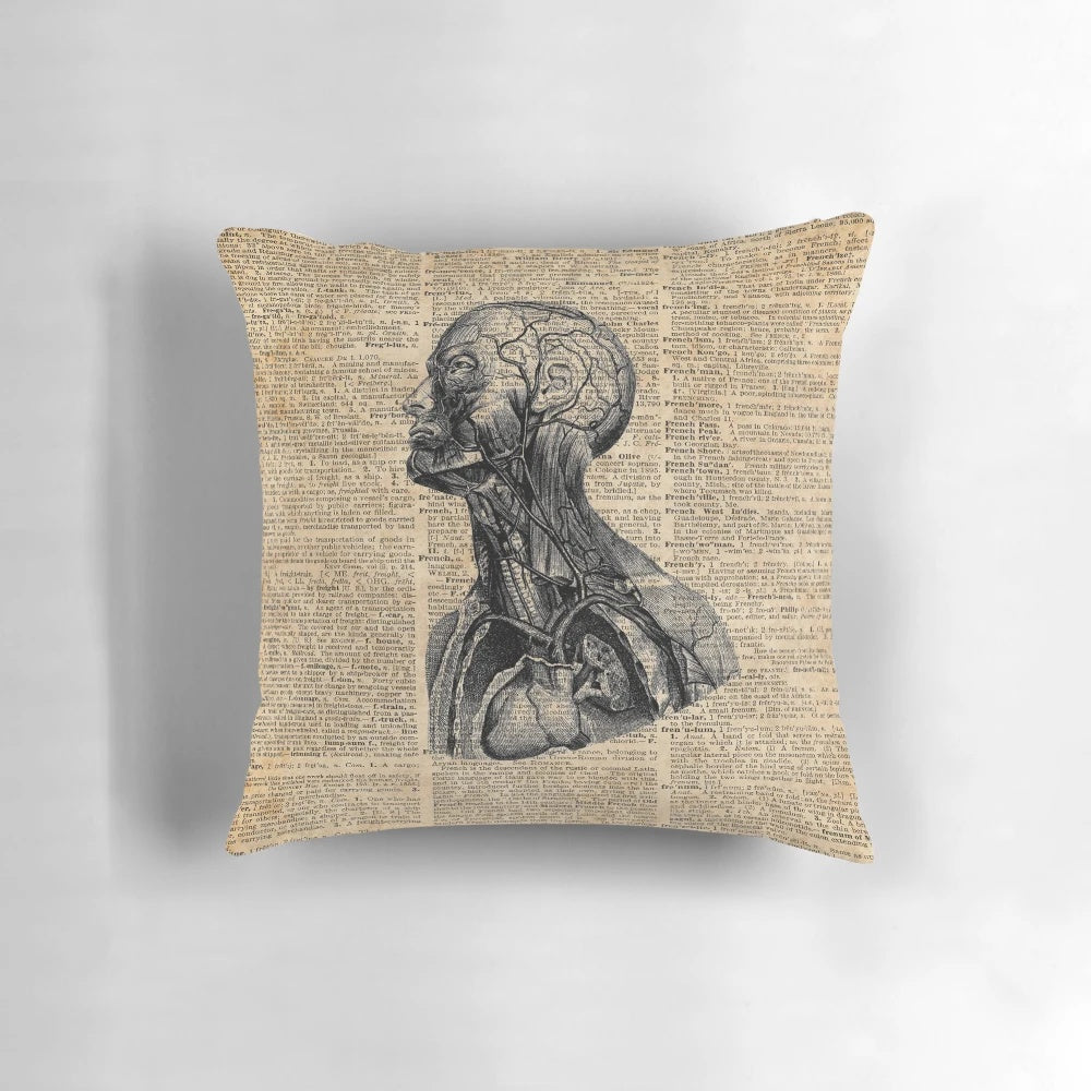 Vintage medical anatomy illustration printed on a comfortable throw pillow, featuring the brain, muscles, heart, lungs, and skeleton.