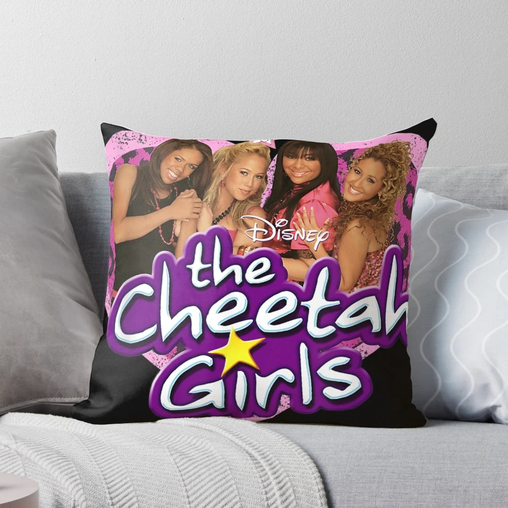 Vintage and retro-style pillow featuring characters and logos from a concert tour