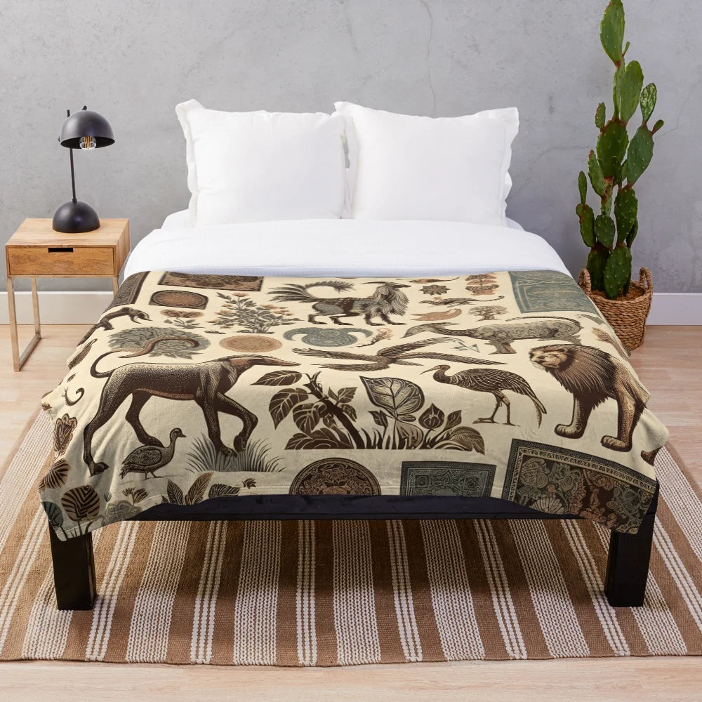 Vintage animals nature collage design on a plush blanket