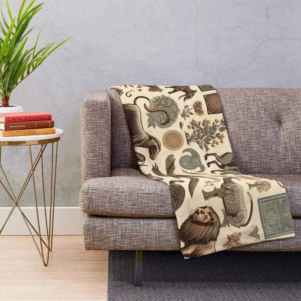 Vintage animals nature collage design on a plush blanket
