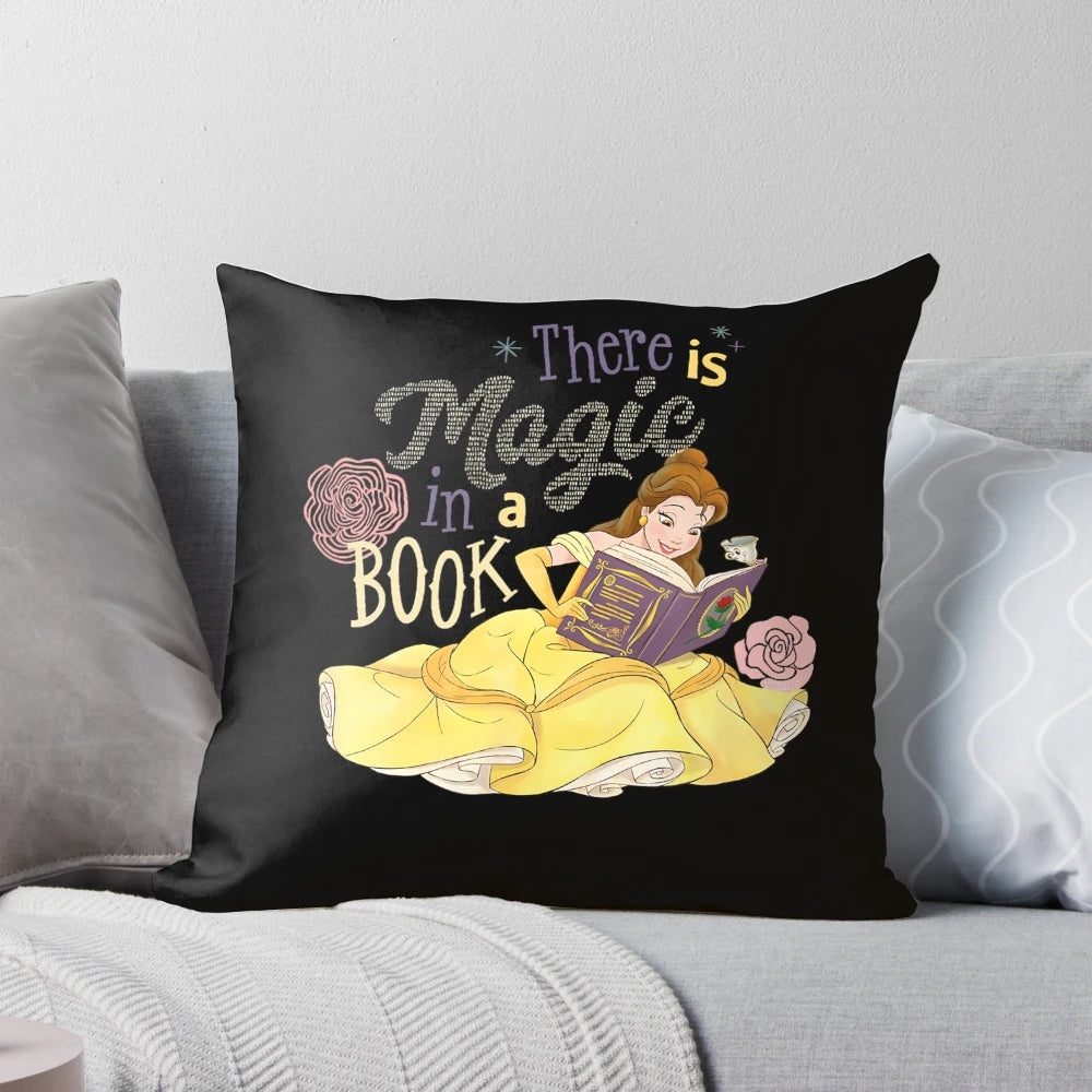 Vintage animated musical romantic fantasy film classic cartoon pillow featuring characters from the beauty and the beast movie.