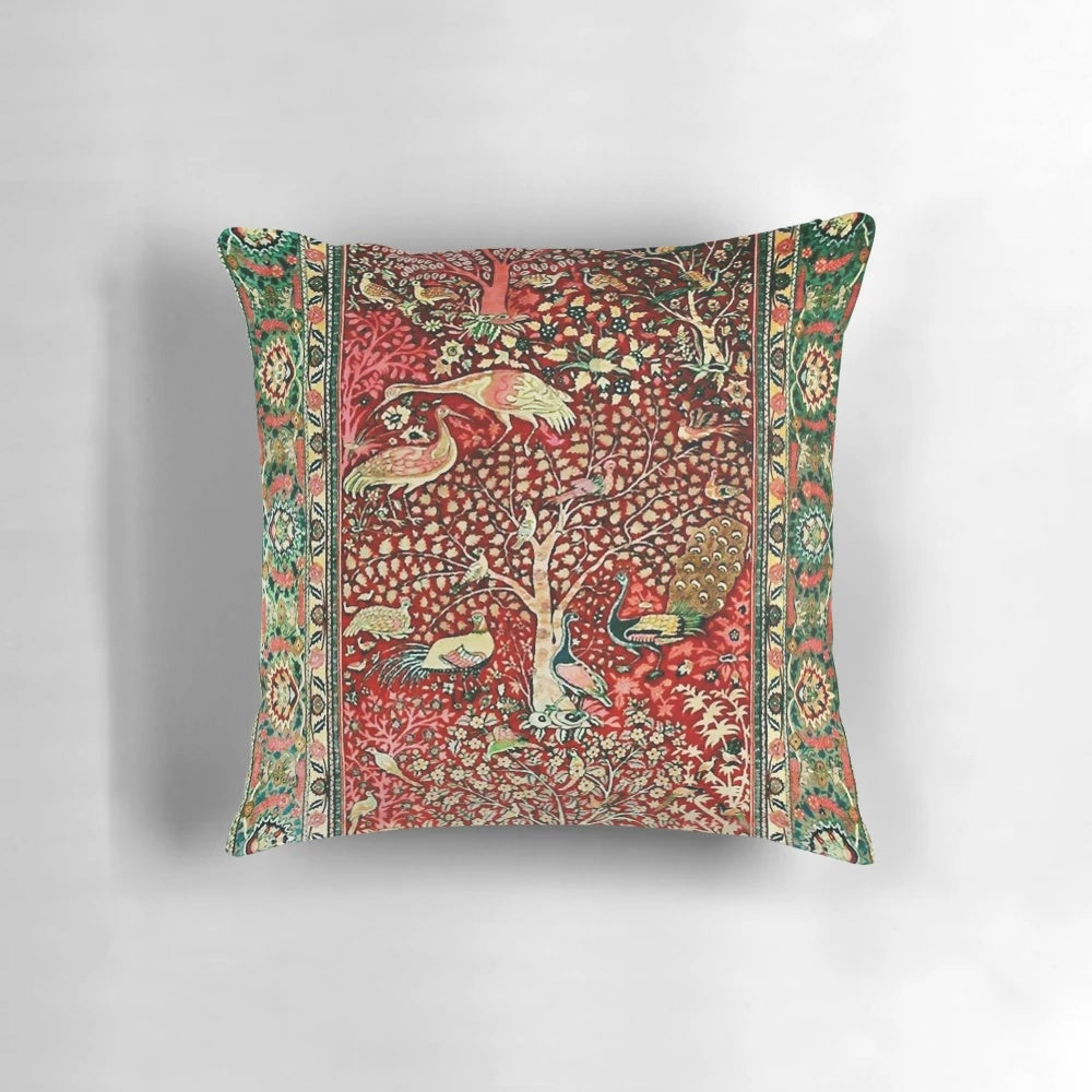 Antique Persian Rug Inspired Decorative Pillow with Floral Bird and Tree Print