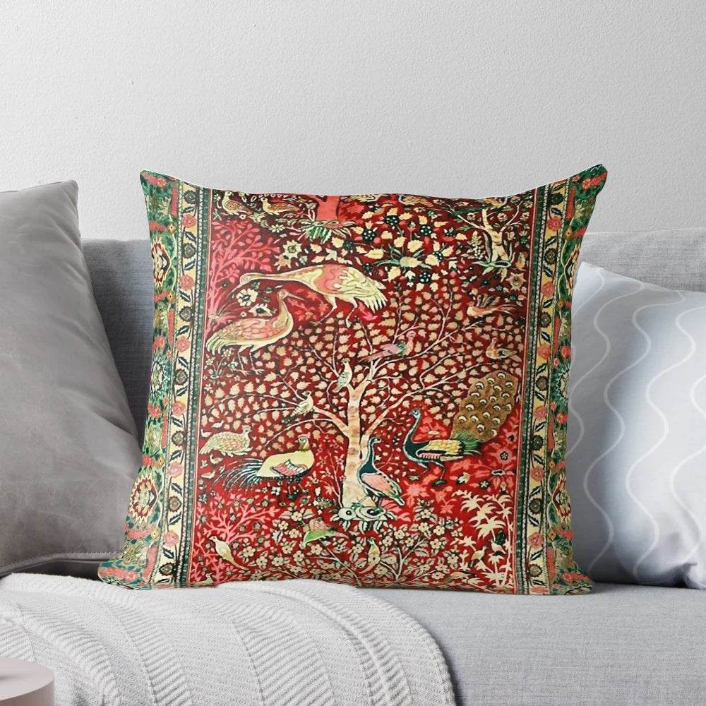 Antique Persian Rug Inspired Decorative Pillow with Floral Bird and Tree Print
