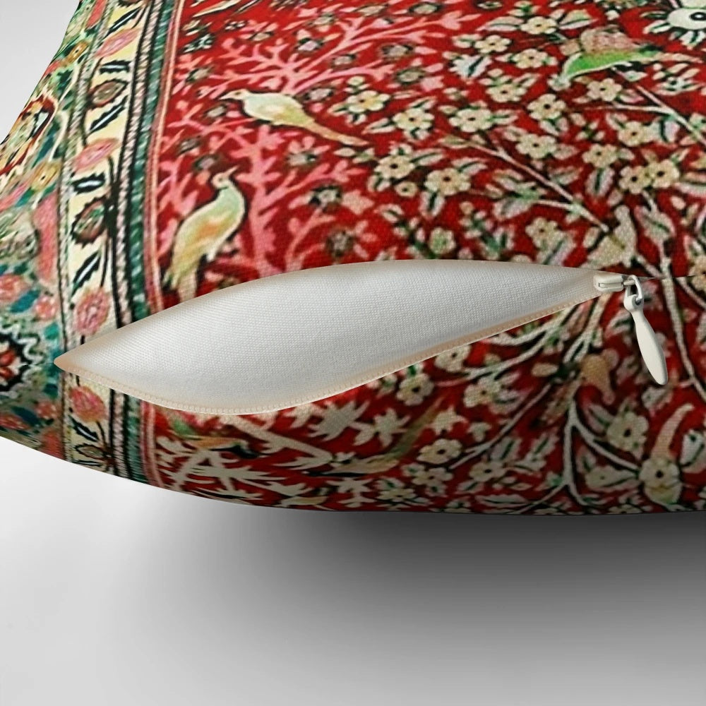 Antique Persian Rug Inspired Decorative Pillow with Floral Bird and Tree Print