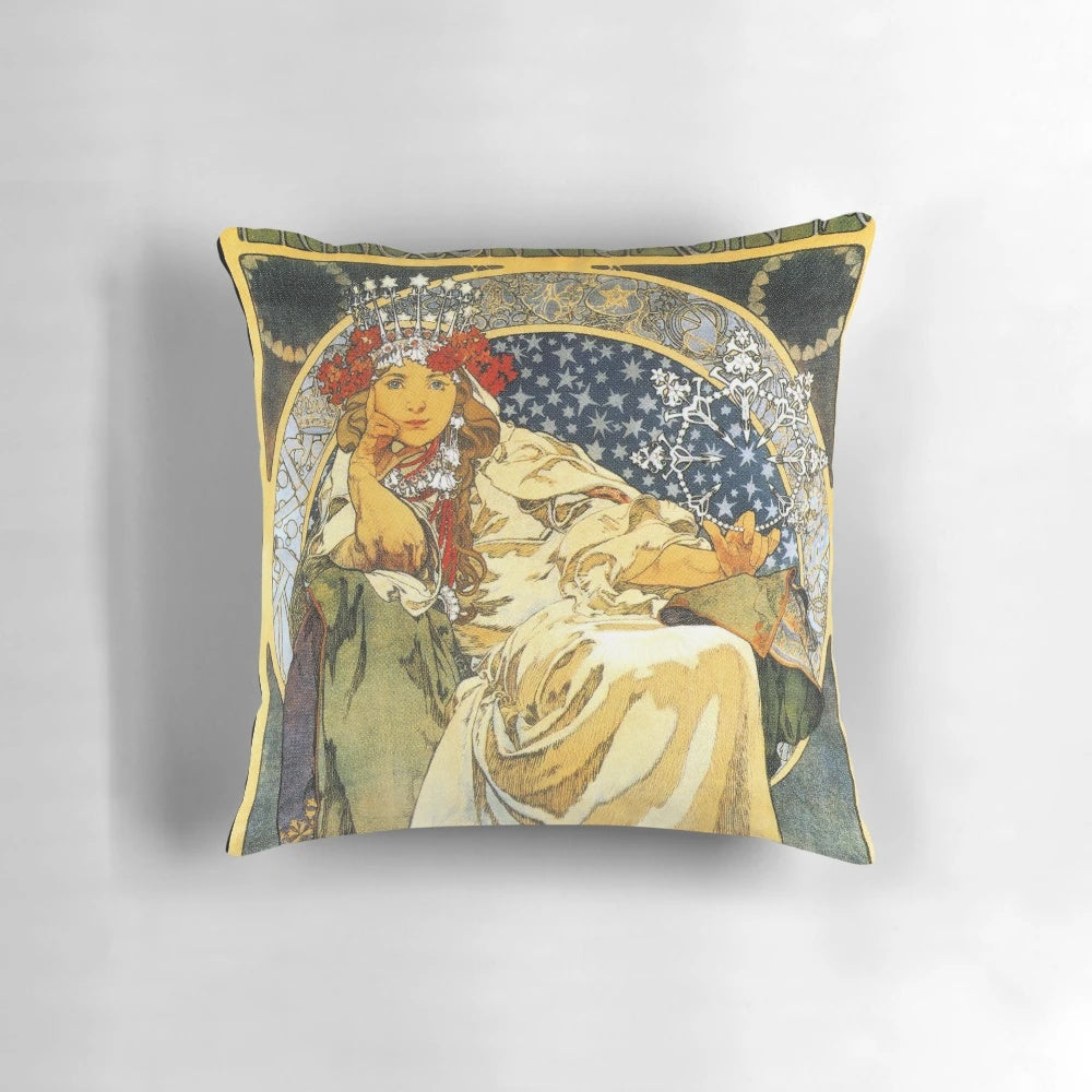 Vintage art nouveau style pillow featuring Alfons Mucha's "Princess Hyacinth" design.