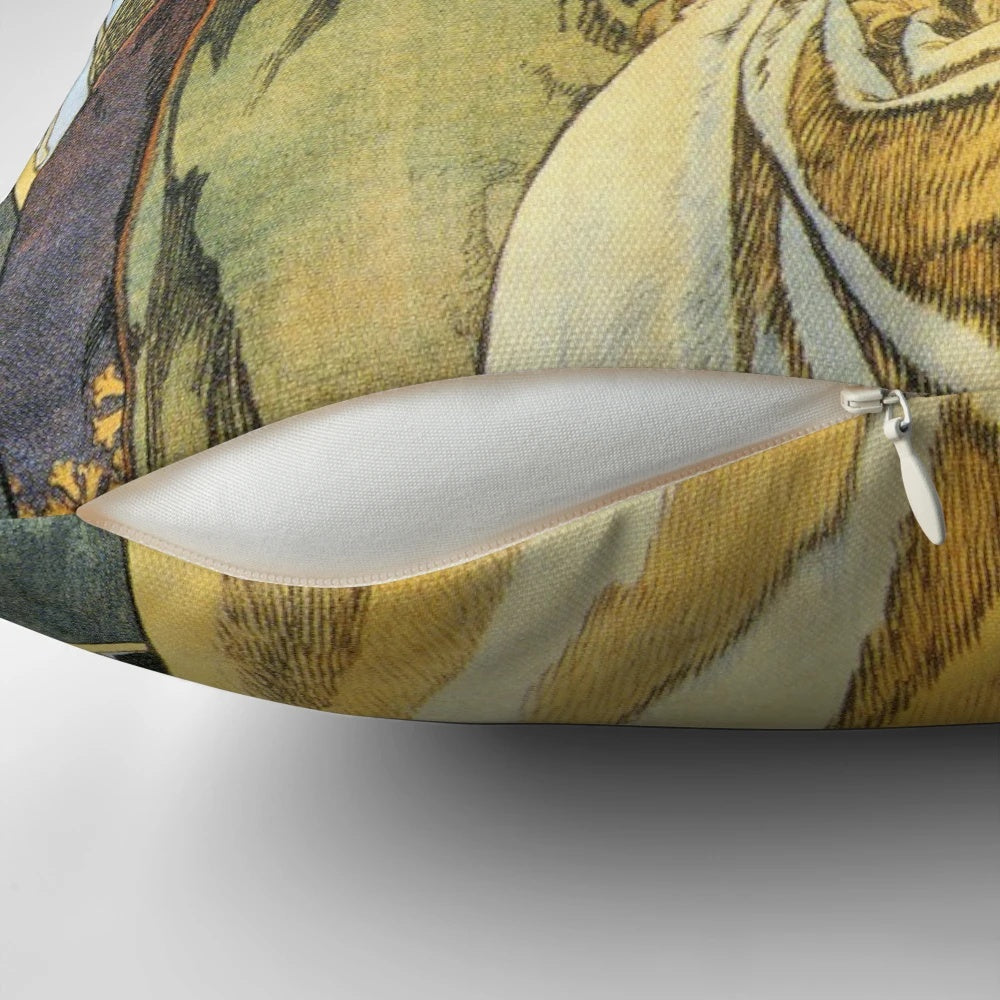 Vintage art nouveau style pillow featuring Alfons Mucha's "Princess Hyacinth" design.