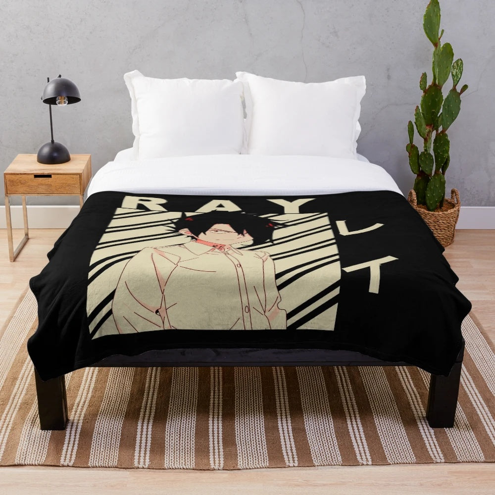 Vintage art plush blanket inspired by the character Ray from The Promised Neverland anime and manga series.