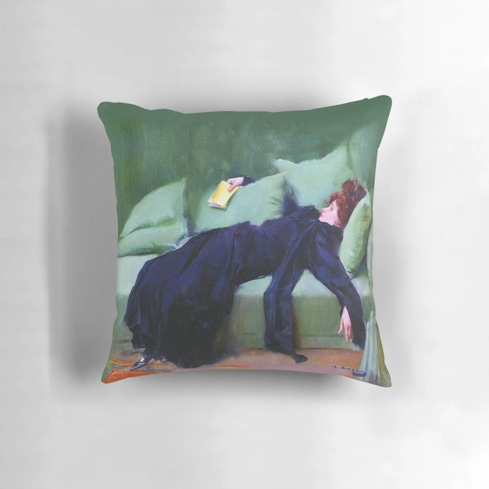 Vintage art print of a decadent young woman resting after a dance, featured on a decorative pillow.