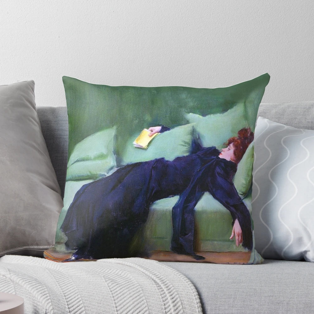 Vintage art print of a decadent young woman resting after a dance, featured on a decorative pillow.