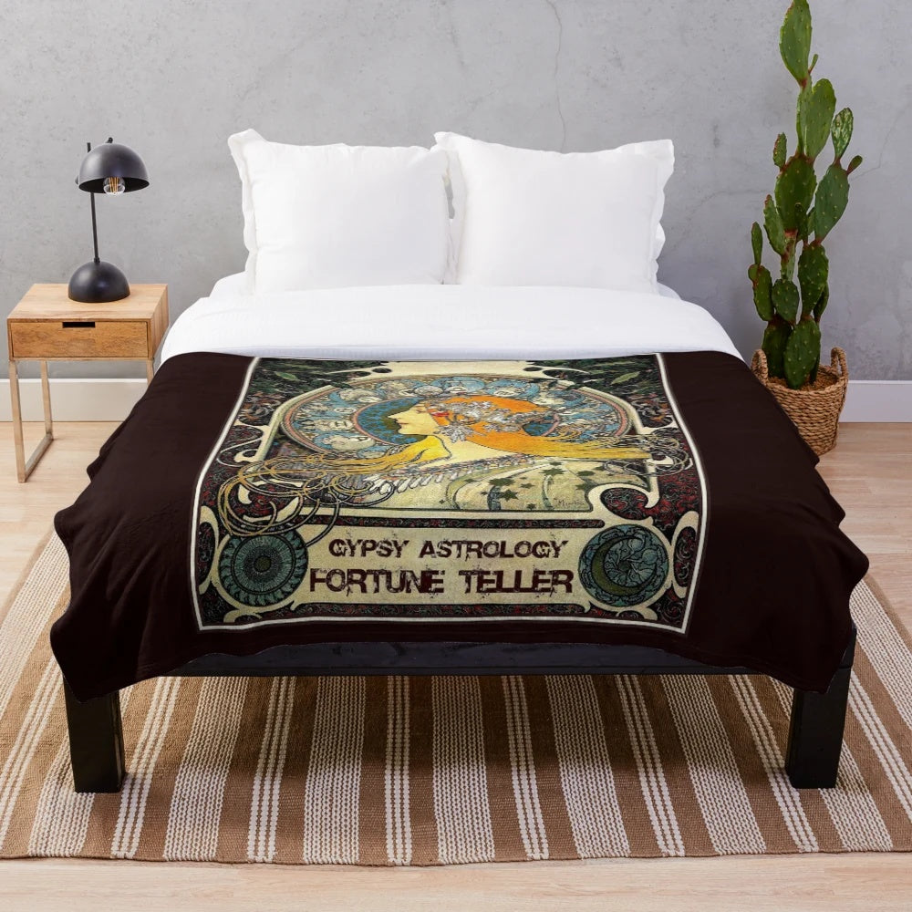 Vintage plush blanket with astrology and fortune teller design