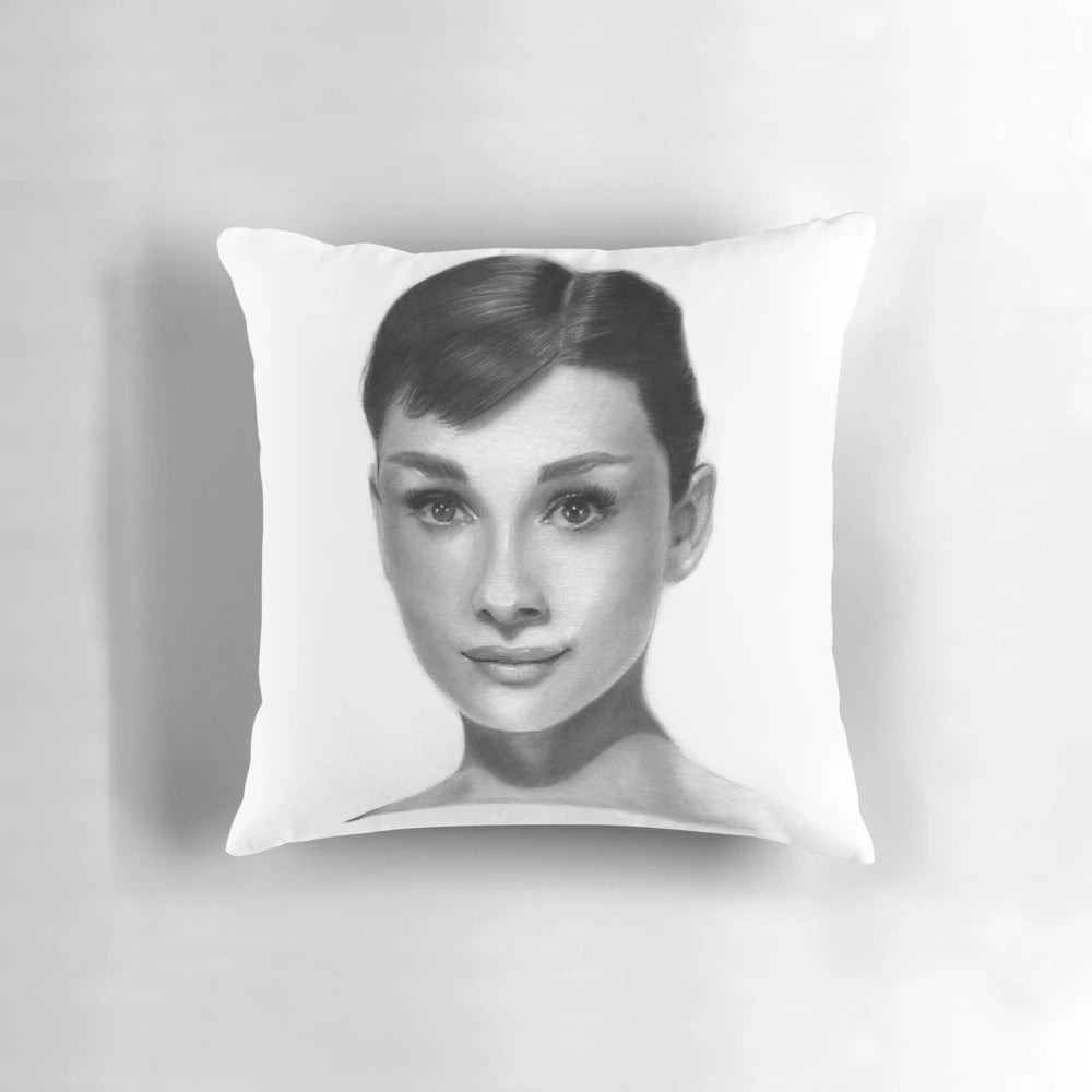 Vintage Audrey Hepburn Pencil Drawing Pillow featuring a classic portrait of the iconic 1960s style icon