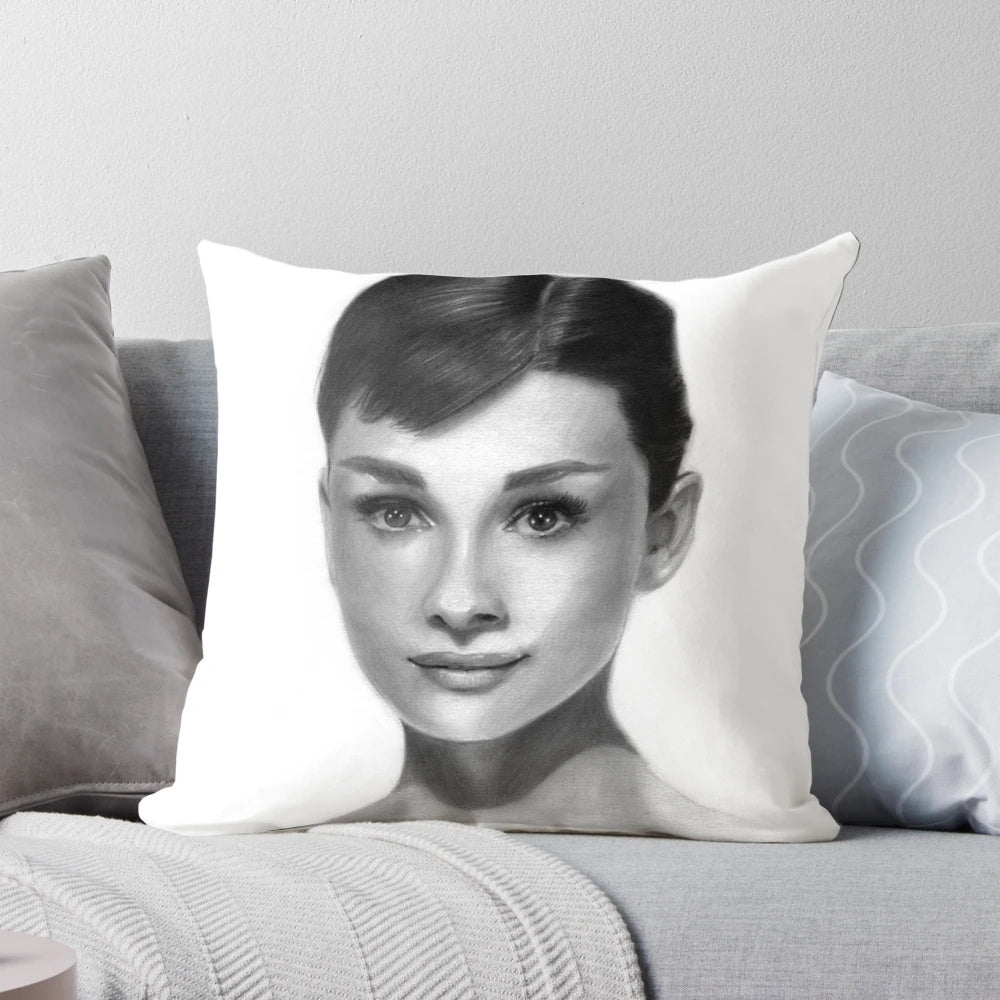 Vintage Audrey Hepburn Pencil Drawing Pillow featuring a classic portrait of the iconic 1960s style icon