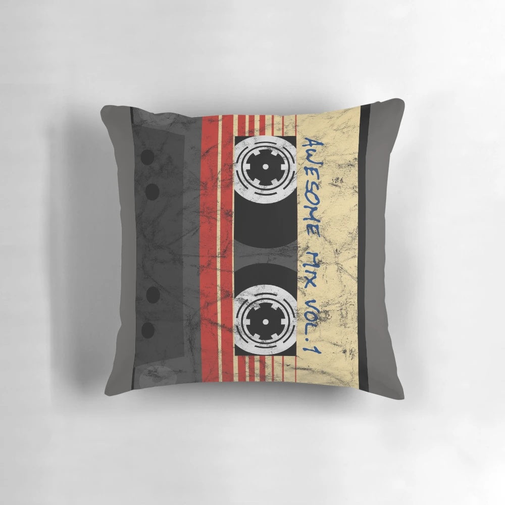 Vintage-style Awesome Mixtape Vol. 1 pillow featuring Guardians of the Galaxy and other Marvel superheroes