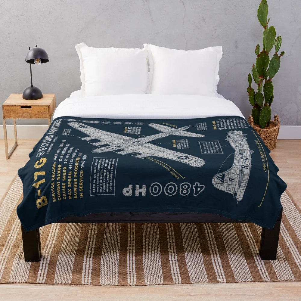 Soft and cozy plush blanket featuring a vintage illustration of the iconic B-17 Flying Fortress bomber aircraft