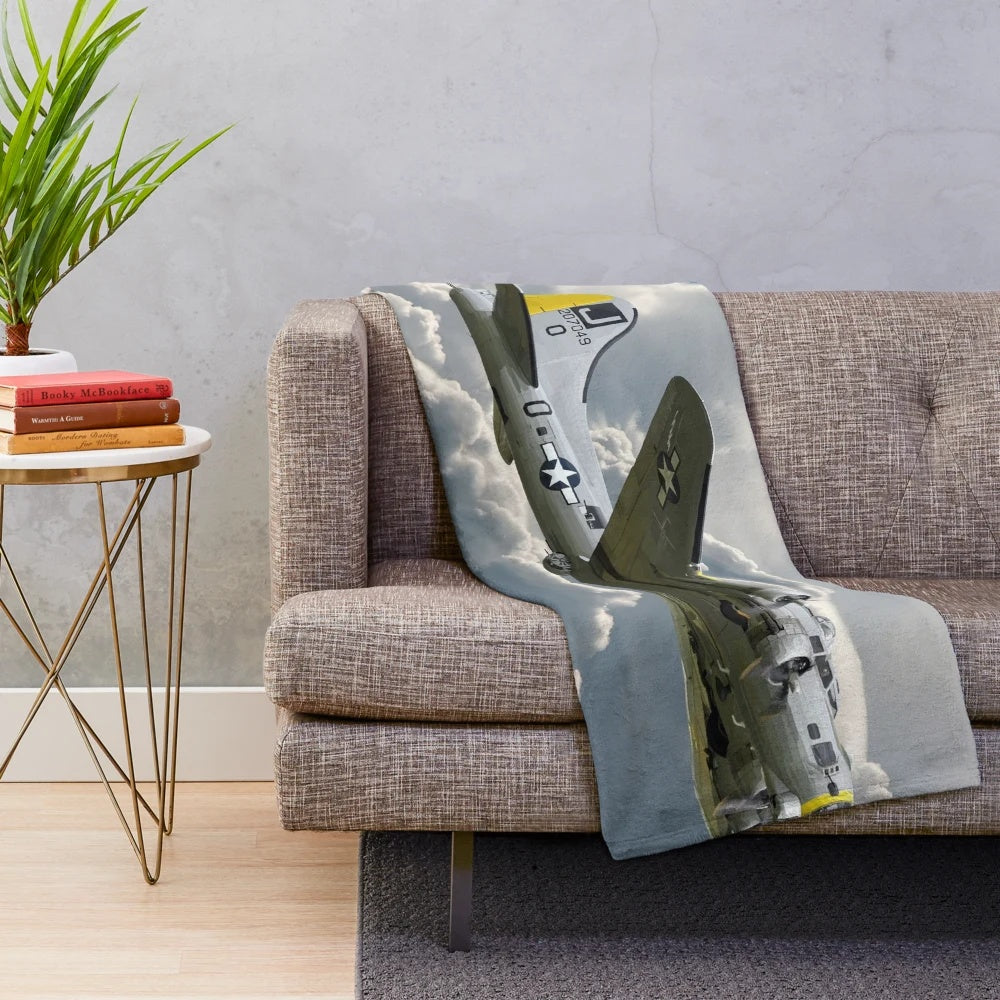 Vintage B-17 Flying Fortress plush blanket featuring the iconic World War II bomber aircraft