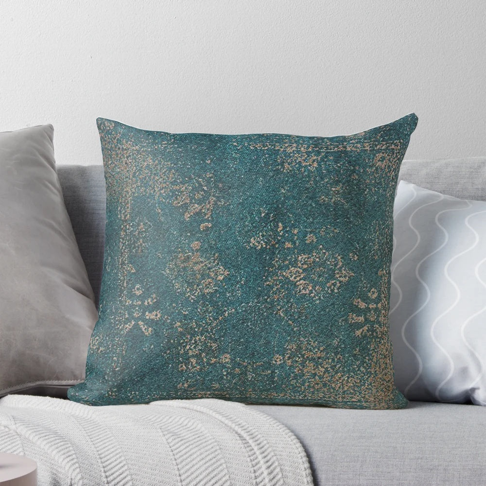 Vintage Babylonian-inspired boho pillow in turquoise, gold, and blue floral design