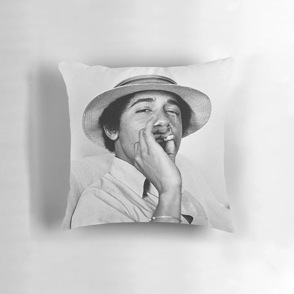 Vintage-style portrait of former President Barack Obama smoking a cigarette printed on a decorative pillow
