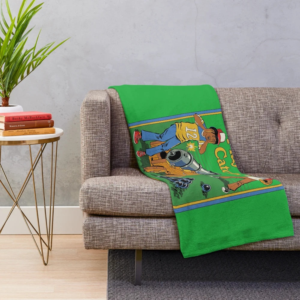 Vintage baseball-themed plush blanket with a humorous design