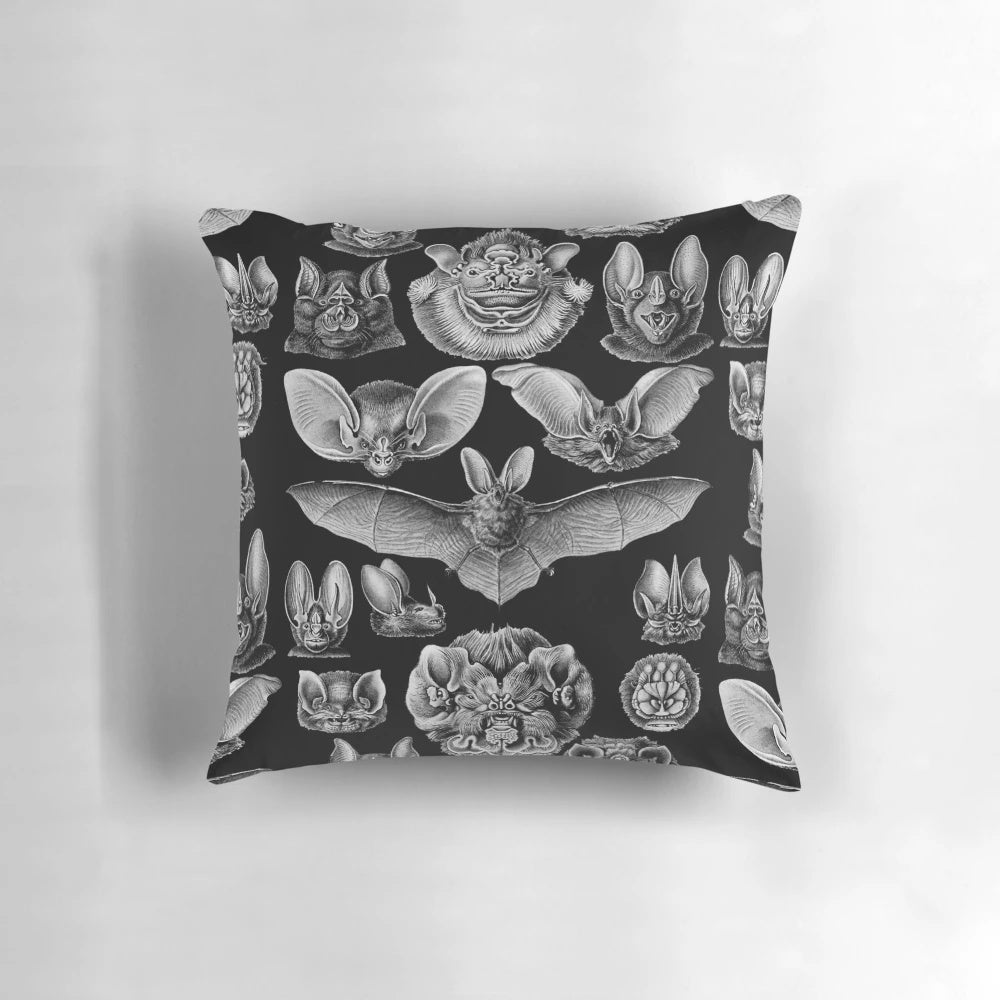 Vintage 1904 Haeckel Chiroptera bat illustration printed on a high-quality pillow