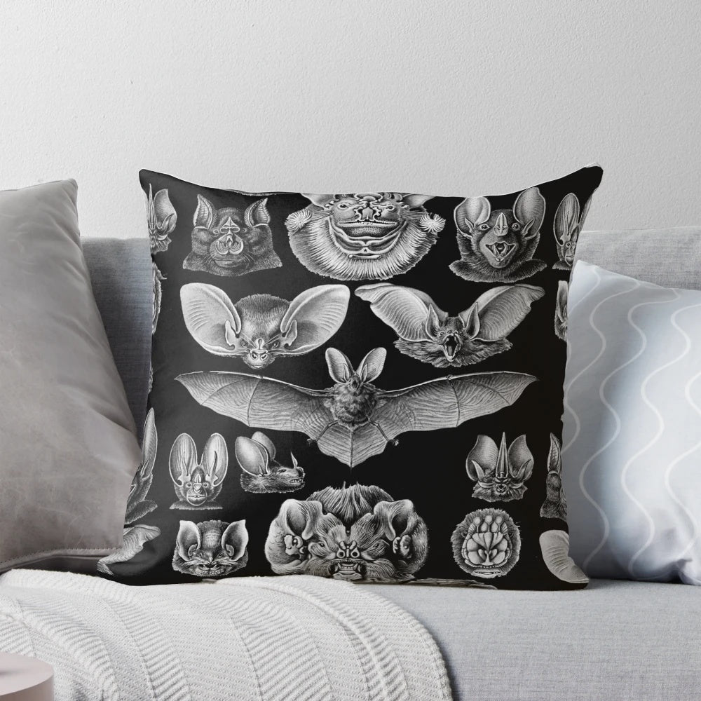 Vintage 1904 Haeckel Chiroptera bat illustration printed on a high-quality pillow