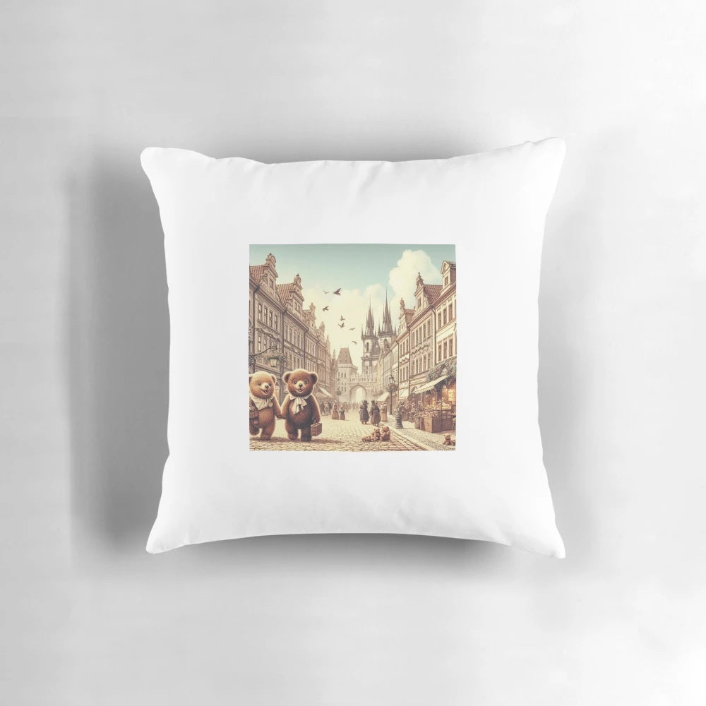 Vintage illustration of bears walking through the historic streets of Prague, Czech Republic.