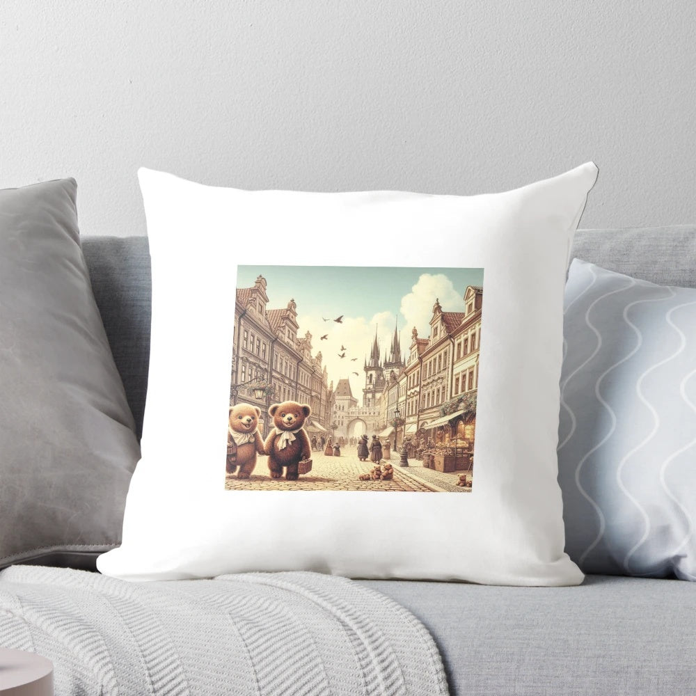 Vintage illustration of bears walking through the historic streets of Prague, Czech Republic.