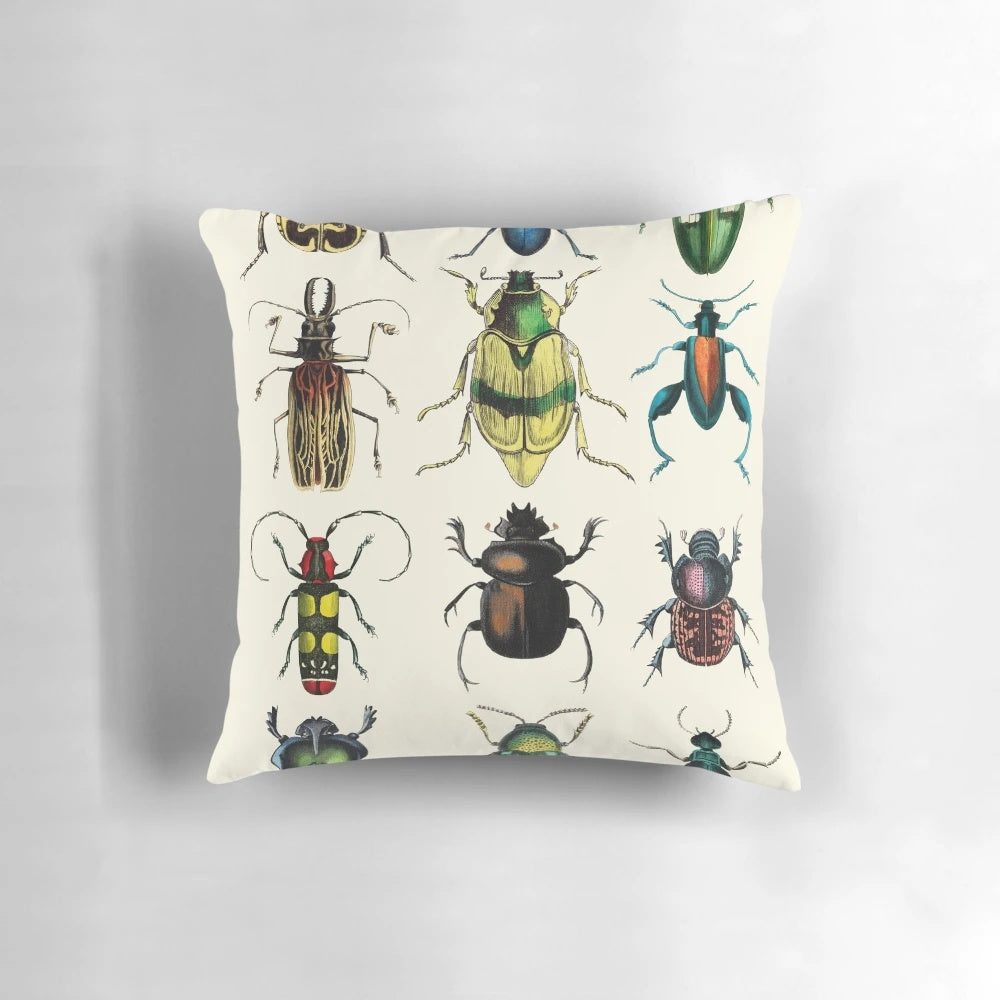 Jeweled beetles pillow featuring vintage insect illustrations