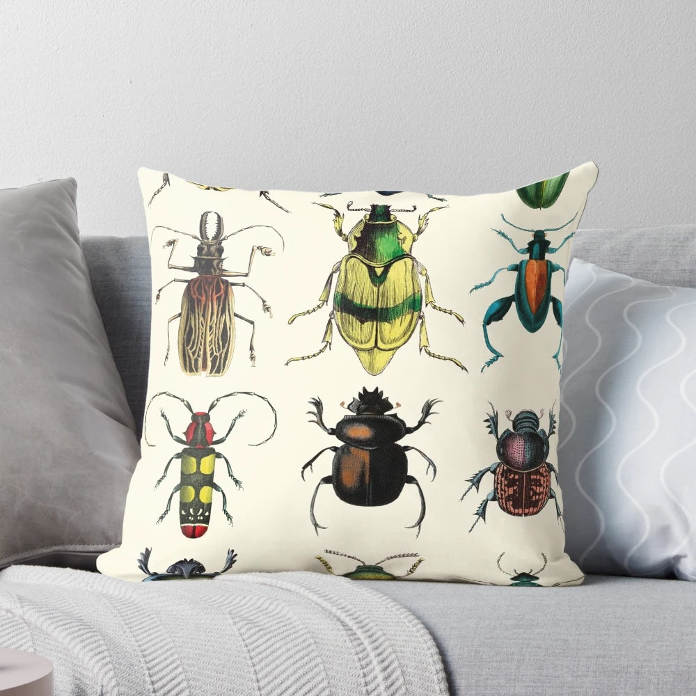 Jeweled beetles pillow featuring vintage insect illustrations