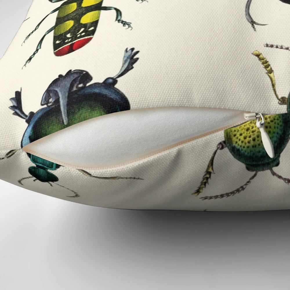 Jeweled beetles pillow featuring vintage insect illustrations