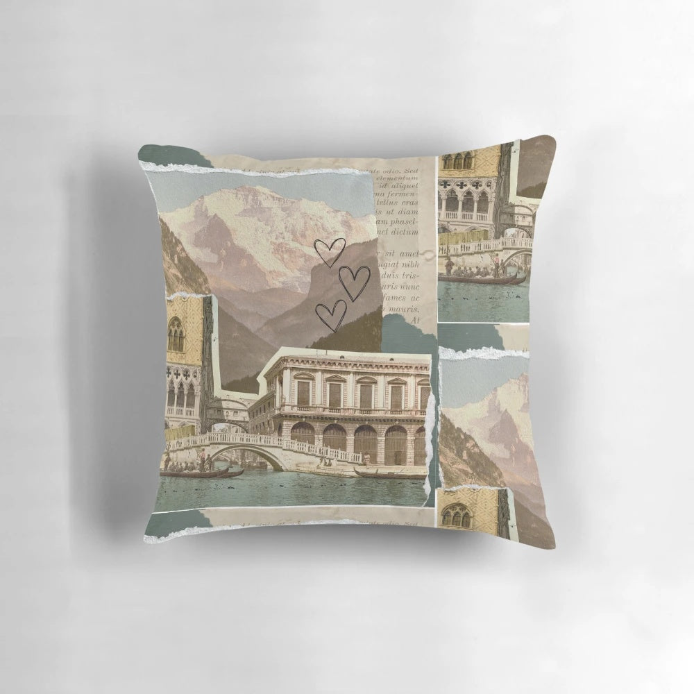 Vintage Beige Scrapbook Design Pillow featuring historic architecture and mountain imagery