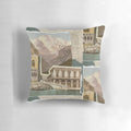 Vintage Beige Scrapbook Design Pillow featuring historic architecture and mountain imagery