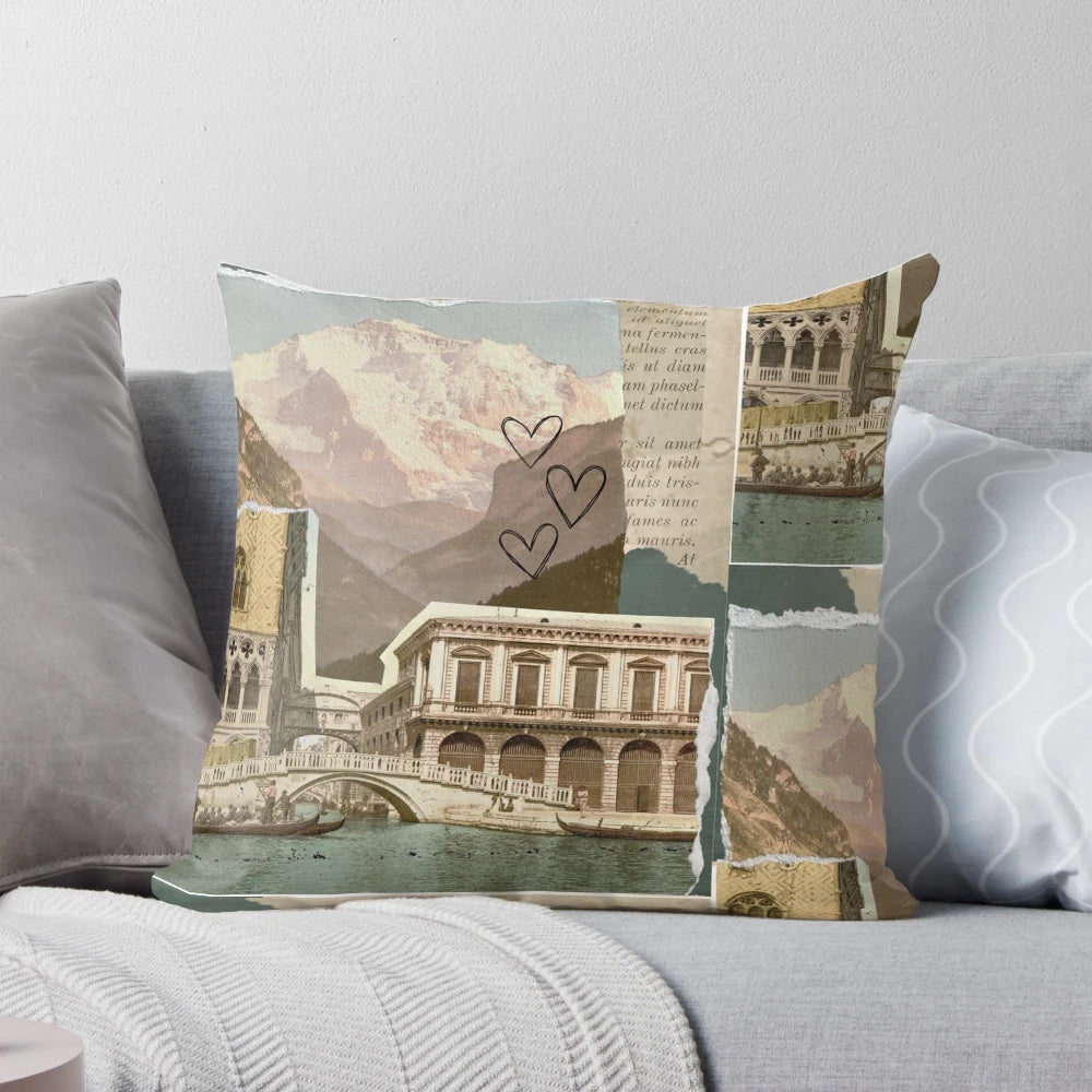 Vintage Beige Scrapbook Design Pillow featuring historic architecture and mountain imagery
