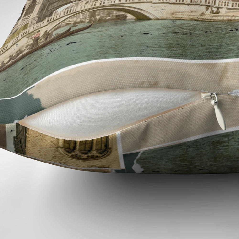Vintage Beige Scrapbook Design Pillow featuring historic architecture and mountain imagery