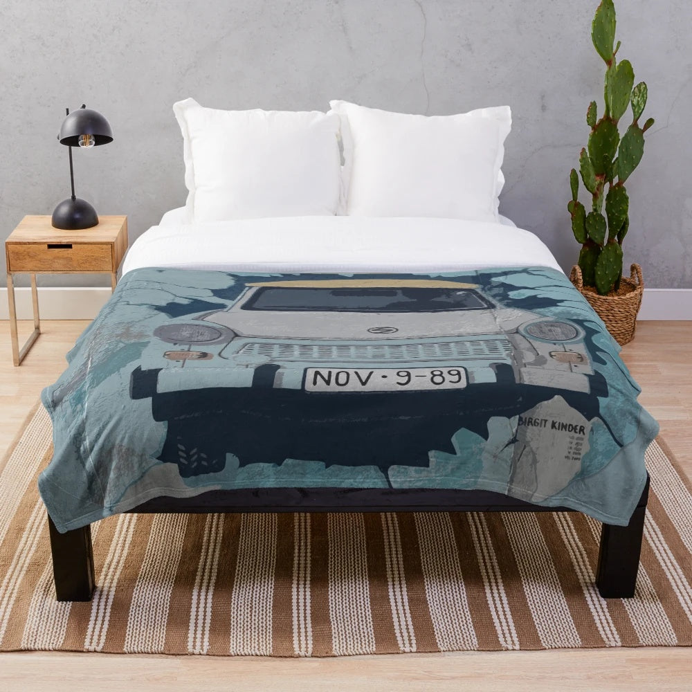 Plush blanket featuring a vintage Trabant car on the Berlin Wall with graffiti