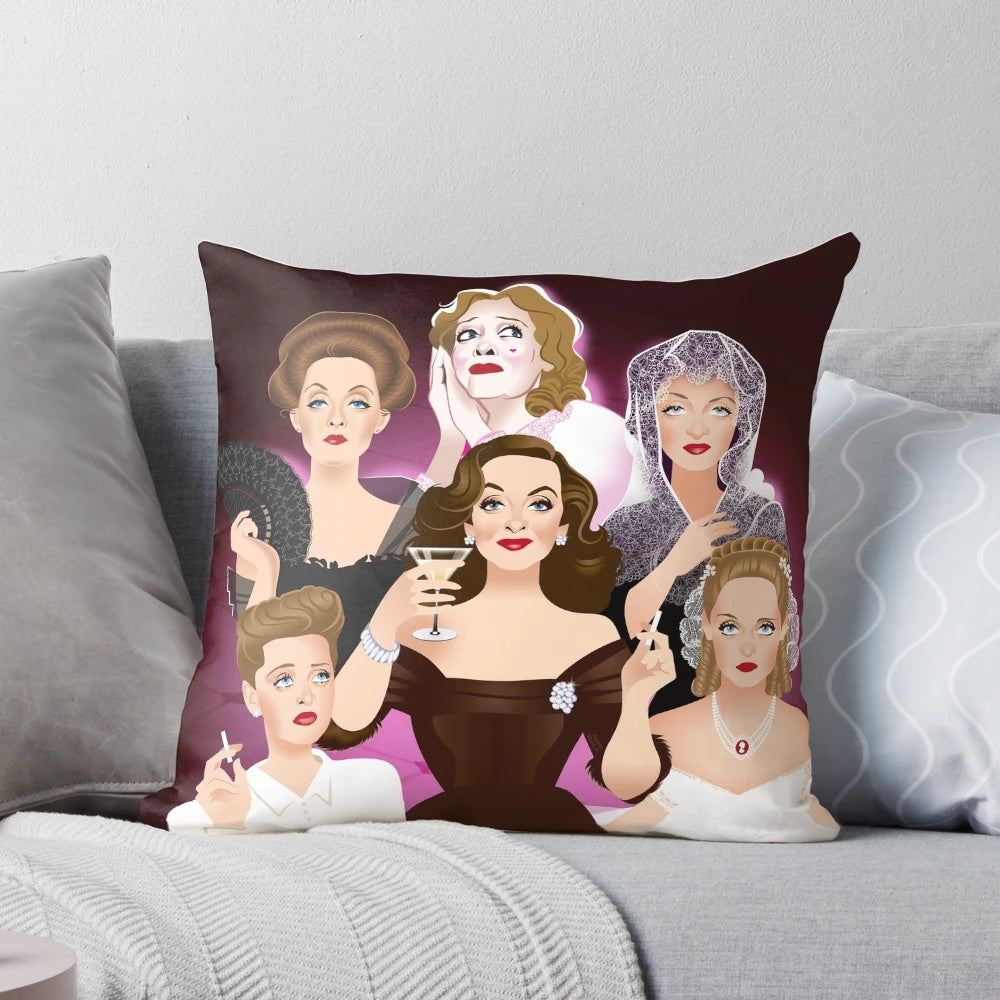 Decorative Bette Davis Pillow featuring Vintage Styled Artwork of the Iconic Hollywood Actress