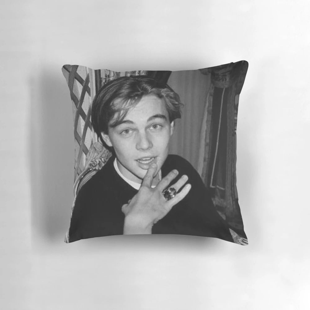 Vintage black and white photograph of a young Leonardo DiCaprio, iconic film star and actor
