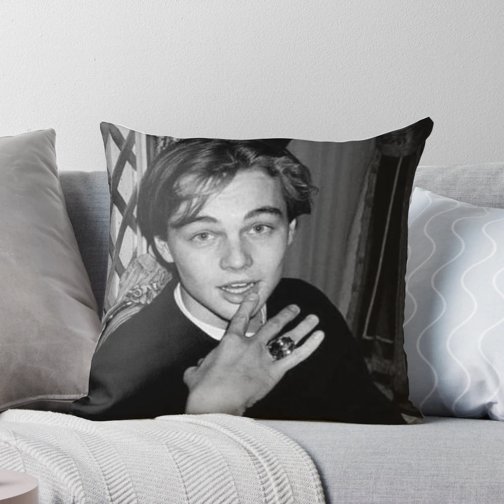 Vintage black and white photograph of a young Leonardo DiCaprio, iconic film star and actor